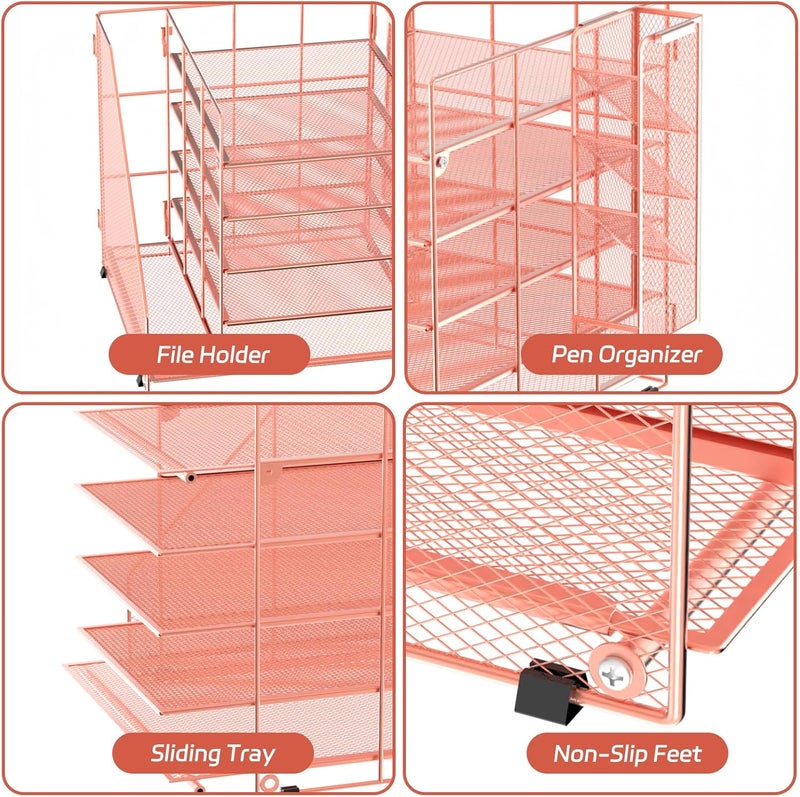 ReePlan Rose Gold Desk Accessories, 5-Tier Desk Organizer with Magazine Holder, Paper Organizer with Pen Holder for Home, Office or School Supplies - Image 4
